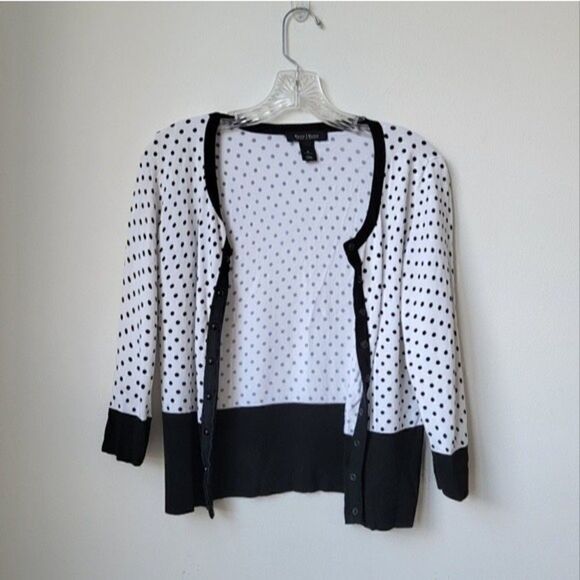 WHITE House Black Market Polka Dot Print Black White 3/4 Sleeve Cardigan Small - Picture 6 of 9